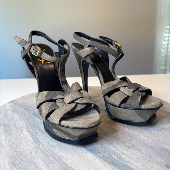 YSL Yves Saint Laurent Camouflage Green Suede Tribute Stiletto Heels Size 7.5 - Picture 2 of 14